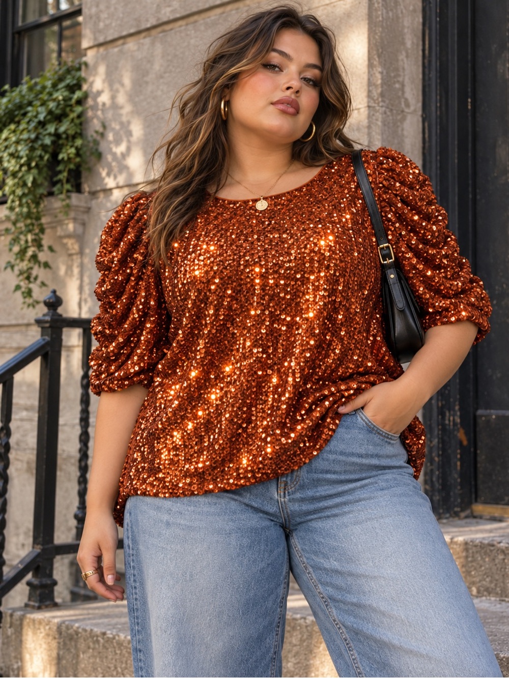 Anthropologie+ NWT Sequin Puff Sleeve Top Size 18W Copper Rust Party Blouse